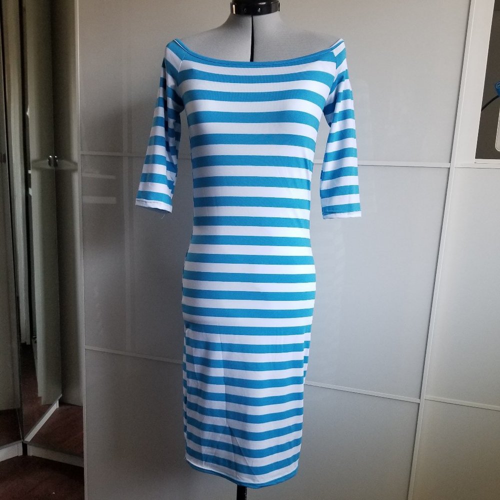 Off Shoulder 3/4 Sleeve Striped Bodycon Dress